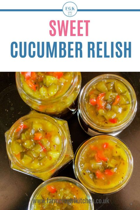 Sweet Cucumber Relish is a sweet, crunchy pickled relish made with cucumber, onion, and red pepper. It is ideal to liven up your sandwiches, burgers, salads and more #cucumber #relish #sweet #easy #homemade Cucumber And Pepper Relish, Preserved Cucumber Recipes, Green Relish Sweet, Sweet Cucumber Relish Recipe, Cucumber Pickles Recipes, Cucumber Pickles Easy, Preserving Cucumbers Without Pickling, Cucumber Chutney Recipes, Homemade Relish From Cucumbers