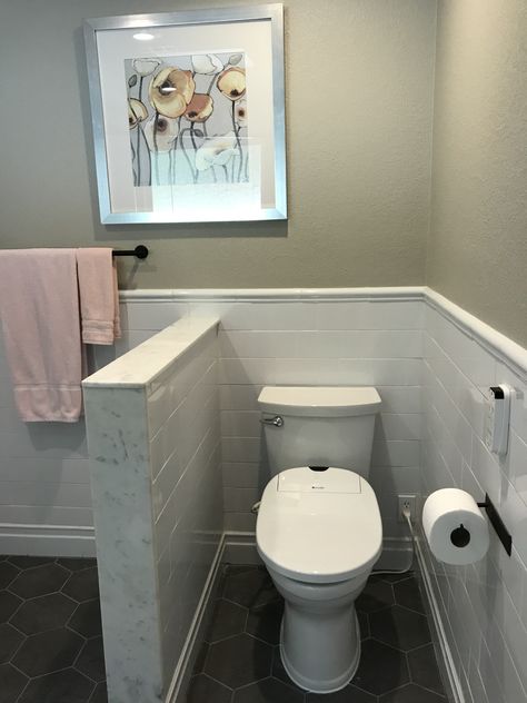 Toilet With Privacy Wall, Pony Wall Bathroom Toilets, Bathroom Pony Wall Toilet, Bathroom Pony Wall Ideas, Pony Wall Toilet, Toilet Pony Wall, Bathroom With Pony Wall, Toilet Half Wall, Pony Wall Bathroom