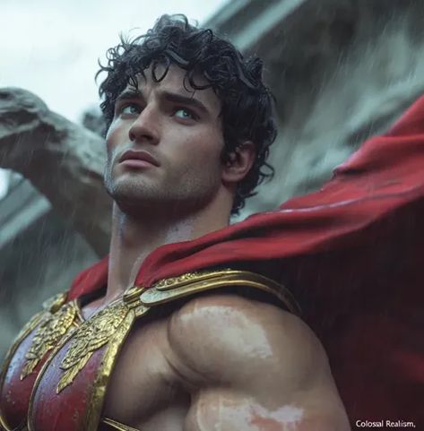 ↑↑↑ Larger size on website 🔸 A muscular man with short, curly dark hair, wearing a red and gold roman-style armor, stands in the Short Curly Dark Hair, Curly Dark Hair, Roman Man, Male Faces, Muscular Man, Standing In The Rain, Roman Warriors, Roman Style, Red Cape