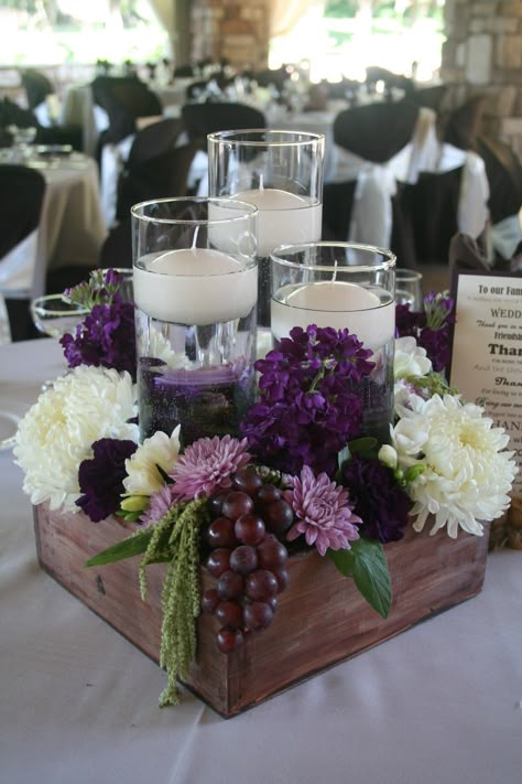 Rustic Wooden Box Centerpiece, Wooden Box Centerpiece, Unique Wedding Centerpieces, Purple Wedding Centerpieces, Wooden Centerpieces, Rustic Wooden Box, Rustic Wedding Decorations, Unique Wedding Flowers, Wedding Floral Centerpieces