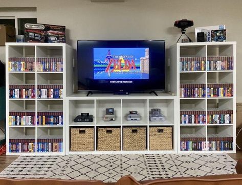 Gaming Cabinet Ideas, Video Game Area In Living Room, Old Game System Display, Video Console Storage, Tv And Game Console Set Up, Organize Video Games, Video Game Display Shelves, Ikea Video Game Storage, Game Console Organization Living Room