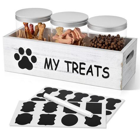 PRICES MAY VARY. Keep pet treats fresh: Our dog treat container features airtight plastic canisters that will keep your pet's favorite treats, such as beef sticks, dog biscuits, and jerky, fresh and crispy, prevents them from being accidentally spilled or crushed Durable and pet-friendly design: Our pet treat containers are made from high-quality wood and plastic, and won't break due to your pets' curious paws Customizable organization: You can easily personalize and categorize your pet's treats Dog Treats Container, Dog Food Organization, Dog Room Organization, Dog Supplies Organization, Pet Gift Basket, Dog Treat Storage, Dog Treat Container, Treat Containers, Pet Food Storage Container