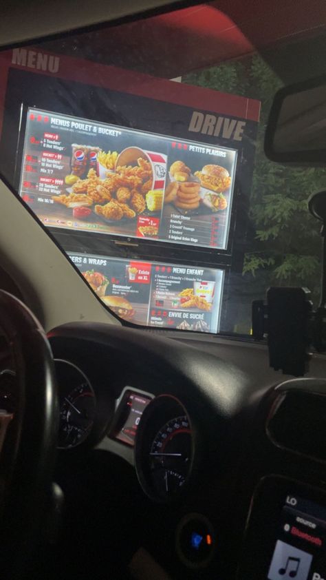 Food In The Car Aesthetic, Kfc Drive Thru, Kfc Aesthetic, Wings Menu, Drive Aesthetic, Sonic Drive In, Aesthetic Cars, Food Drive, Popcorn Chicken