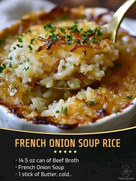 Valerie Bertinelli Recipes | French Onion Soup Rice | Facebook French Onion Soup Rice, Onion Soup Rice, French Onion Rice, Dinner Comfort Foods, Onion Rice, Quick Soup Recipes, Classic French Onion Soup, Rice Side Dish Recipes, Recipes French