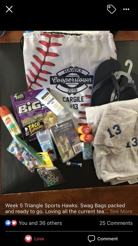 Bag Sports Swag Bag Ideas, Baseball Game Bag Essentials, Baseball Swag Bags Ideas, Cooperstown Swag Bags Ideas, Baseball Gift Bags For Players, Baseball Tournament Goodie Bags, Baseball Goodie Bag Ideas, Tball Goodies Bags, Cooperstown Swag Bags