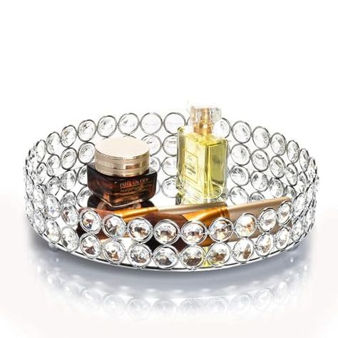 Feyarl Crystal Perfume Makeup Tray Fragrance Cosmetic Vanity Tray Jewelry Trinket Display Organizer Mirrored Decorative Tray Skin Care Tray for Dresser Home Deco Birthday Gift(Round 10" inch) (Silver) Bandeja Perfume, Makeup Vanities, Bottle Tray, Bathroom Vanity Tray, Ornate Jewelry, Crystal Makeup, Makeup Tray, Jewelry Tray Organizer, Dresser Tray