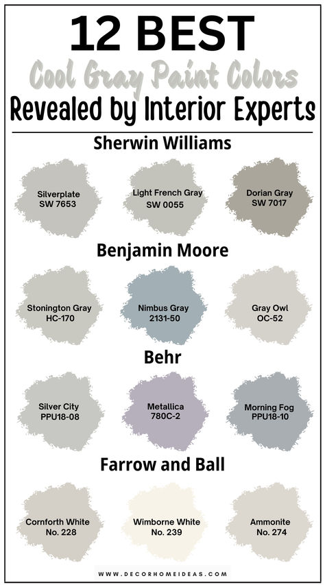 Discover the 12 best cool gray paint colors from top brands like Sherwin-Williams, Benjamin Moore, Behr, and Farrow & Ball. These elegant shades bring a modern, serene vibe to any room. Uncover which cool gray hues from these trusted brands are perfect for elevating your space! Grey Farmhouse Paint Colors, Paint For Gray Floors, Best Warm Grey Paint Colors, Best Cool Gray Paint Colors, Brown Gray Paint Colors, Cool Gray Paint Colors, Brown Grey Paint Color, Behr Gray, Brown Grey Paint