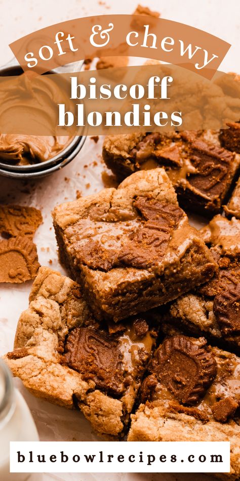 Thick And Chewy Blondies, Biscoff Crumb Cake, Cookie Butter Blondies Recipe, One Bowl Baking Recipes, Cookie Butter Drizzle, Cookie Butter Bread, Biscoff Desserts Easy, Biscoff Blondies Recipe, Cookie Butter Brownies