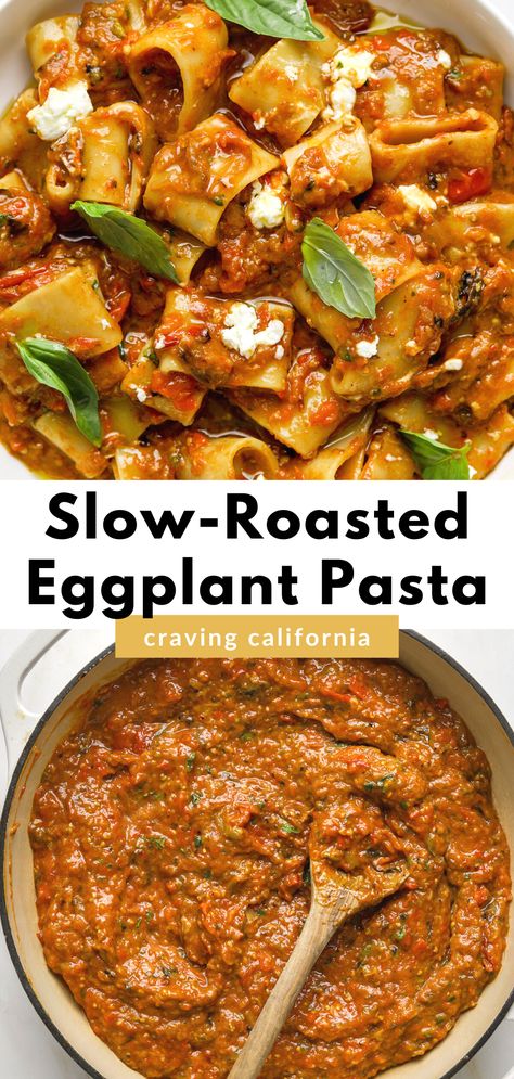 a white bowl of pasta with eggplant, tomatoes and goat cheese Craving California, Creamy Pasta Sauce Recipes, Pasta With Goat Cheese, Roasted Eggplant Pasta, Eggplant Pasta, Goat Cheese Pasta, Creamy Goat Cheese, Creamy Pasta Sauce, Mediterranean Meals