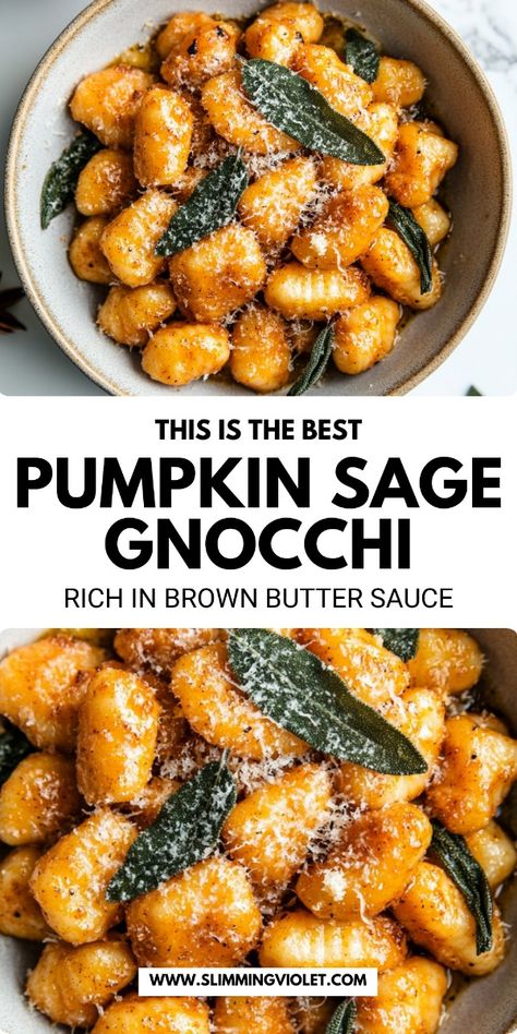 Delight in the flavors of fall with Pumpkin Sage Gnocchi in Brown Butter Sauce. This cozy dish is perfect for Halloween or any autumn meal. Save this pin to add a touch of seasonal comfort to your menu! Pumpkin Gnocchi Sauce, Sage Gnocchi, Gnocchi Vegan, Gnocchi Sauce, Brown Butter Sage Sauce, Pumpkin Recipes Dinner, Sage Butter Sauce, Pumpkin Gnocchi, Brown Butter Sauce