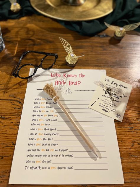 Table place setting with party games called “who knows the bride best” and “the key game” where guests have to collect the most keys from catching other people saying wedding! Harry Potter glasses, Golden Snitch ferrerro roche, flying key and broom pencil! Harry Potter Hen Party, Harry Potter Themed Bridal Shower Ideas, Harry Potter Themed Bachelorette, Harry Potter Theme Bridal Shower Ideas, Bachelorette Party Themes Harry Potter, Harry Potter Hen Do, Harry Potter Bridal Shower Ideas, Bachelorette Harry Potter, Bridal Shower Harry Potter Theme