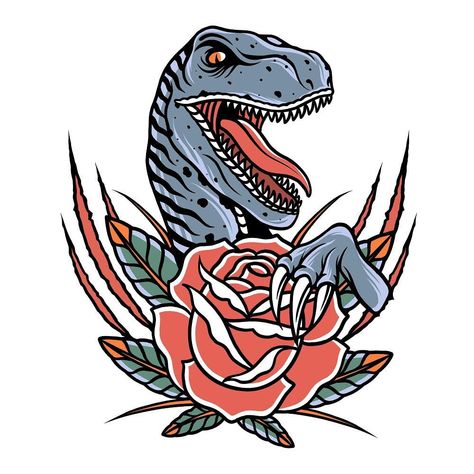 Cute Raptor Tattoo, Raptor Drawing, Raptor Tattoo, Dino Tattoo, Creature Illustration, Body Nails, Traditional Tattoo Sleeve, Classic Tattoo, Custom Stencils