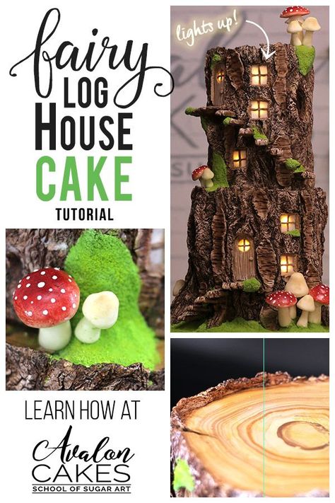 Stump Log Fairy House CAKE that lights up! Perfect woodland party! Learn how at Avalon Cakes www.avaloncakesschool.com #woodland #fairy #stump Log Fairy House, Woodland Fairy Cake, Fairy Stump, Stump Fairy House, Fairy House Cake, Drip Cake Tutorial, Square Cake Design, Stump Cake, Fairy Garden Cake