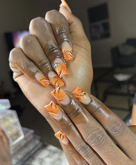 Y2k Orange Nails, Orange 90s Nails, Orange Crocodile Nails, Clear Orange Acrylic Nails, Long Orange French Tip Nails, Orange Junk Nails, Orange Y2k, Y2k Acrylic, Tiger Stripe Nails