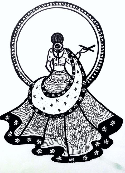 Garba Drawing Sketch, Easy Black Pen Drawing, Black Pen Art Work, Black Sketch Pen Art, Aari Drawing, Rangoli Drawing, Black Pen Drawing, Garba Outfit, Beautiful Pencil Drawings