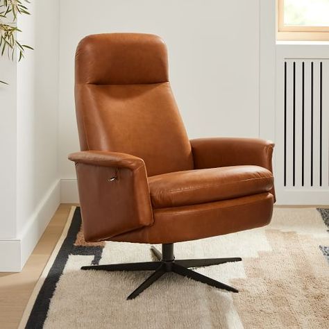 All Clearance | West Elm Family Room Seating, Leather Swivel Recliner, Wabi Sabi Living Room, Wabi Sabi Living, 1950s Furniture, Leather Wing Chair, Sitting Room Design, Sitting Room Ideas, Modern Recliner