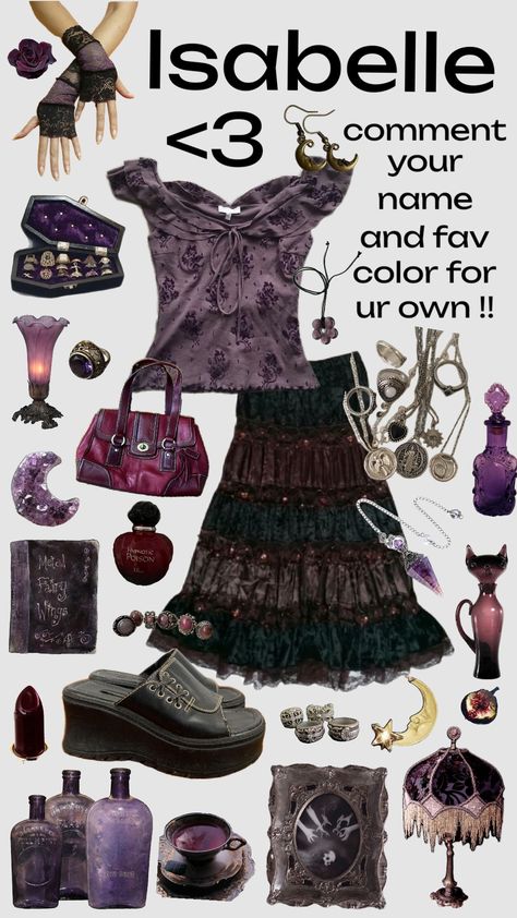 Girly Goth Outfits, Outfits Whimsigoth, Izzy Skirt, Whimsi Goth, Modern Witch Outfit, Colorful Goth, Larp Fashion, Thrift Manifestation, Purple Collage