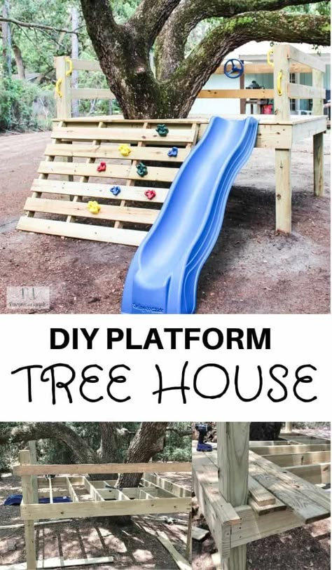 DIY platform tree house Play House Around Tree, Outdoor Tree House Ideas, Simple Play Structure Diy, Diy Small Tree House, Simple Tree Fort Easy Diy, Diy Platform Treehouse, Diy Easy Playground, Diy Tree Climbing Steps, Playhouse Around Tree