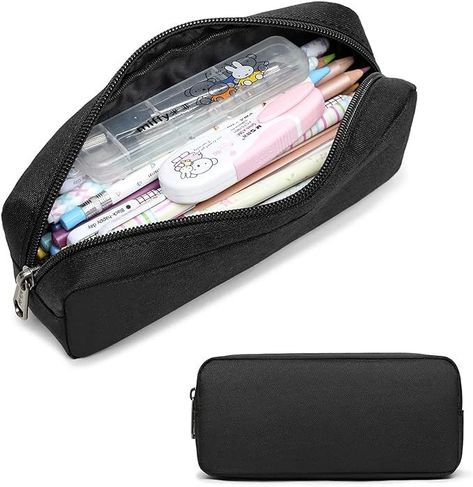 The black pencil case is made of lightweight nylon material, it's water-resisitant, tear-resisitant and washable.But you cannot put it in water, because the zipper are not waterproof. Small Pencil Case, Pencil Case Pattern, Black Pencil Case, School Pouch, Stationery Organizer, Cute Pencil Case, Pen Bag, Stationery Organization, Custom Stationery