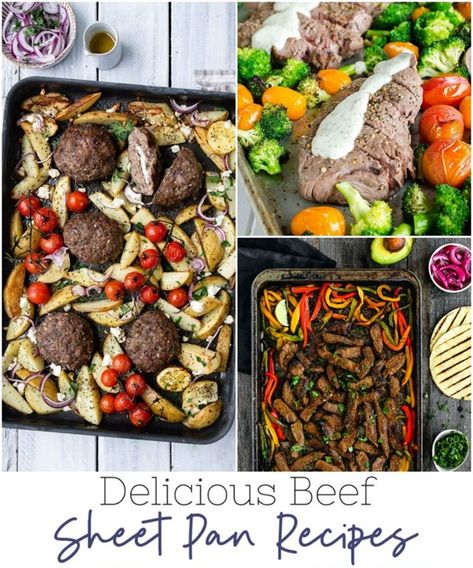 Easy-Beef-Sheet-Pan-Recipes Beef Sheet Pan Recipes, Throw Together Meals, Parmesan Crusted Steak, Greek Beef, Greek Nachos, Meatloaf Dinner, Beef Fajitas, Steak And Shrimp, Shrimp Dinner