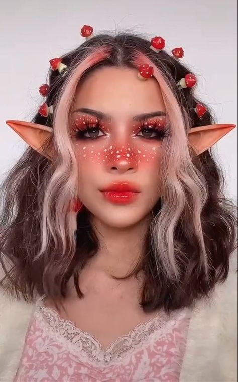 Nature Elf Makeup, Elf Fairy Cosplay, Mushroom Elf Makeup, Mushroom Elf Cosplay, Mushroom Makeup Tutorial, Toadstool Makeup, Mushroom Costume Makeup, Farie Makeup, Easy Elf Makeup