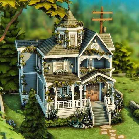 Sims 4 Boho House Exterior, Sims 4 Floorplan Cottagecore, Sims 4 Starter Home Small Houses, Sims 4 Two Story House, Sims House Cottage, Sims 4 Southern House, Sims 4 Writer House, Sims 4 Houses Cottage Living, Victorian Home Sims 4