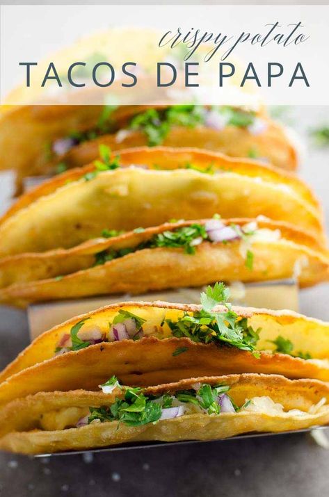 These flavorful crispy potato tacos (tacos de papa) are crunchy on the outside and creamy on the inside. They're vegetarian and easy to make at home. #potatotacos #tacos #vegetariantacos #tacosdepapa via @umamigirl Authentic Potato Tacos, Potato Tacos Recipe, Potato Tacos Air Fryer, Tacos Nortenos, Potatoe Taco, Potato Tacos Mexican, Potato Taco Recipe, Vegan Potato Tacos, Potato Taquitos