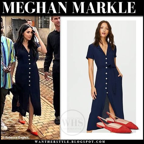 Meghan Markle in blue midi shirt dress and red flats #meghanmarkle #duchessofsussex #royalfamily #royaltour #fashion #style #celebrity #outfit #classic #simple #chic Elegant Flats Outfit, Meghan Markle Summer Outfits, Meghan Markle Style Casual Minimal Chic, Meghan Markle Color Analysis, Blue Shirt Dress Outfit, Megan Markle Casual Style, Dress And Flats Outfit, Meghan Markle Dress Casual, Red Flats Outfit Summer