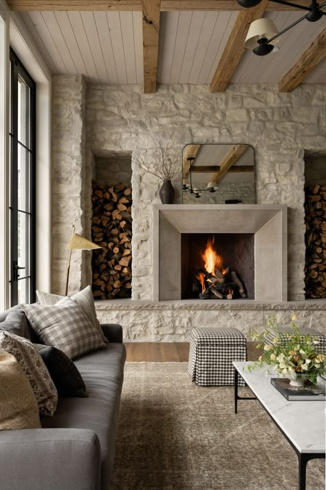 Mcgee Living Room, Studio Mcgee Living Room, Mantel Styling, Interior Brick, Stone Accent Walls, Fireplace Designs, Modern Farmhouse Living, Hearth Room, Living Room Trends