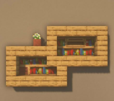 Shelfs In Minecraft, Shelves In Minecraft, Mincraft Bookshelves Ideas, Minecraft Display Case, Minecraft Single Bed Ideas, Shelves Minecraft, Bookcase Minecraft, Minecraft Bookcase, Minecraft Clothing Store