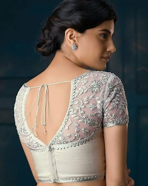 Saree Jacket Designs, Saree Jacket, Netted Blouse Designs, Blouse Lehenga, Silver Blouse, Sari Design, Cotton Saree Blouse Designs, Blouse Back Neck, Saree Blouse Neck Designs