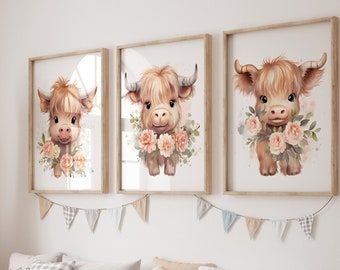 Cow Art Prints for Nursery, Highland Cow Wall Decor, Canvas, Baby Girl Nursery, Purple Floral Nursery, Farmhouse Baby Girl Shower Gift - Etsy Cows And Flowers Nursery, Highland Cow Nursery Theme Girl, Highland Cow Girl Nursery, Highland Cow Nursery Girl, Nursery Highland Cow, Highland Cow Baby Shower Theme, Highland Cow Wall Decor, Girl Nursery Purple, Purple Floral Nursery