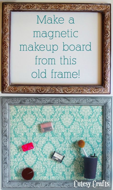 Turn a $5 frame from the thrift store in a magnetic board for your makeup! What an easy organization idea. How To Display Magnets, Ways To Display Magnets, Magnetic Board Ideas, Diy Magnetic Frame, Diy Magnetic Photo Frame, Picture Frame Magnet, Magnetic Hanger Frame, Metal Picture Frames Diy Magnetic Boards, Magnetic Makeup Board