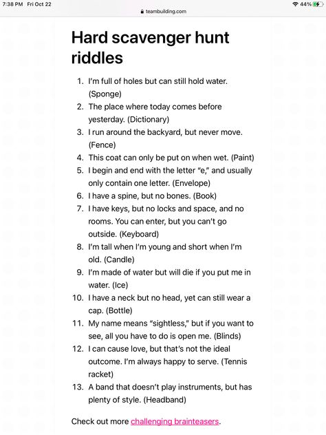 Treasure Hunt Clues For Adults With Answers, Funny Scavenger Hunt Ideas For Adults, Office Scavenger Hunt Riddles For Adults, Scavenger Hunt Ideas For Adults At Work, Office Riddles With Answers, Scavenger Hunts For Teens, Hardest Riddles With Answers, Riddle Scavenger Hunt Ideas For Adults, Team Scavenger Hunt Ideas