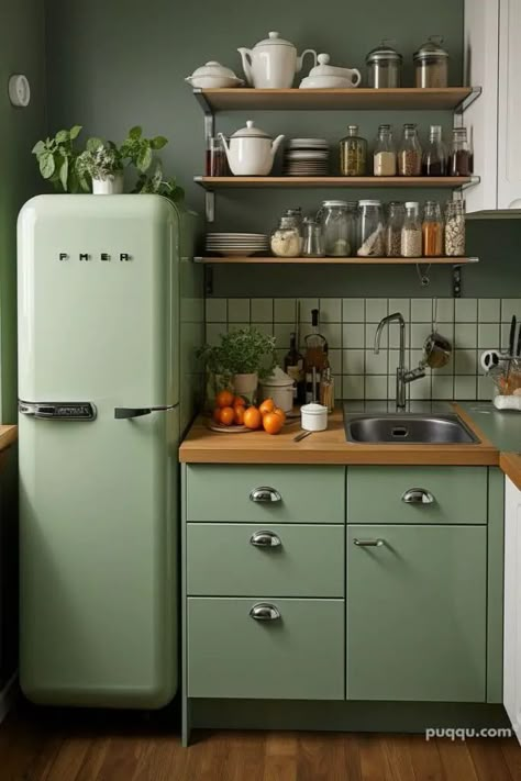 Green Kitchen Paint, Vintage Green Kitchen, Smeg Kitchen, Vintage Homes, Lovely Kitchen, Boho Inspiration, Kitchen Refrigerator, Kitchen Paint, Tiny Kitchen