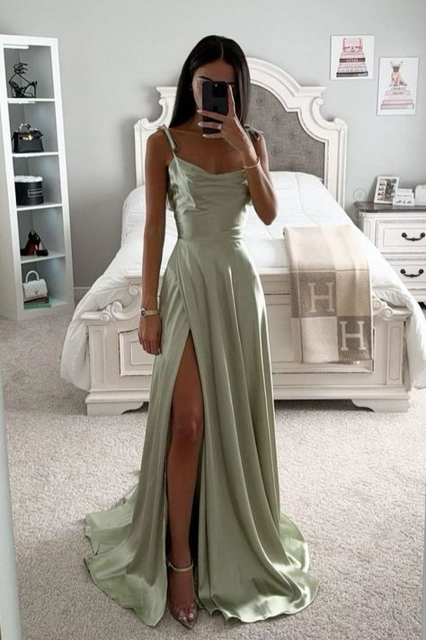 Spring Bridesmaid Dresses, Silk Prom Dress, Prom Dress Inspo, Classy Prom, Prom Dresses Elegant, Dress With Split, Classy Prom Dresses, Stunning Prom Dresses, Prom Dress Inspiration