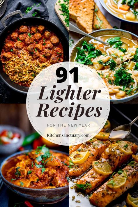 91 lighter recipes for the new year - split into breakfast, lunch, dinner, savoury snacks and sweet snacks/desserts. Delicious lower calorie, nutritous recipes. #lighterrecipes #lowcalorielunches #lowcaloriedinners #lowcaloriebreakfasts Healthy Evening Meals, Easy Evening Meals, Healthy Evening Snacks, Lighter Recipes, Kitchen Sanctuary, Low Calorie Lunches, Food Creatives, American Dinner, Light Dinner Recipes