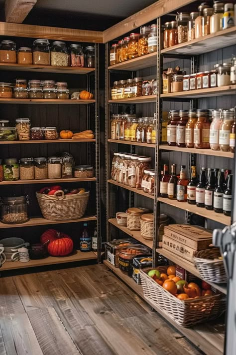 Canning Pantry Aesthetic, Storage Room Pantry, Pantry Rustic Ideas, Home Food Storage, Industrial Pantry Ideas, Japanese Organization Ideas Small Spaces, Farmhouse Kitchen With Pantry, Pantry Homestead, Rustic Kitchen Cabinets Farmhouse Style