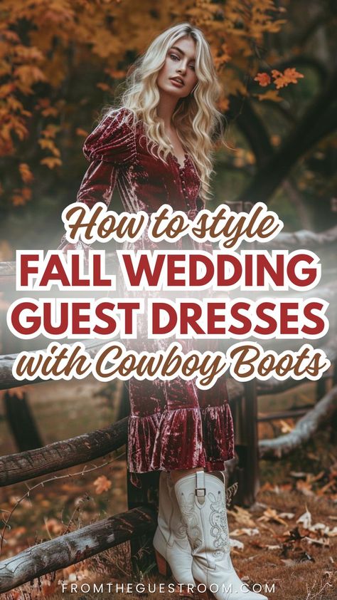 a woman wears fall wedding guest dress and cowboy boots, western outfits Fall Wedding Boots, Country Wedding Outfit Guest, Cowboy Boots Wedding Guest, Dress With Cowboy Boots Wedding Guest, Western Wedding Outfits Guest, Western Wedding Guest Outfit, Wedding Dress Boots, Country Wedding Outfit, Country Wedding Guest Dress