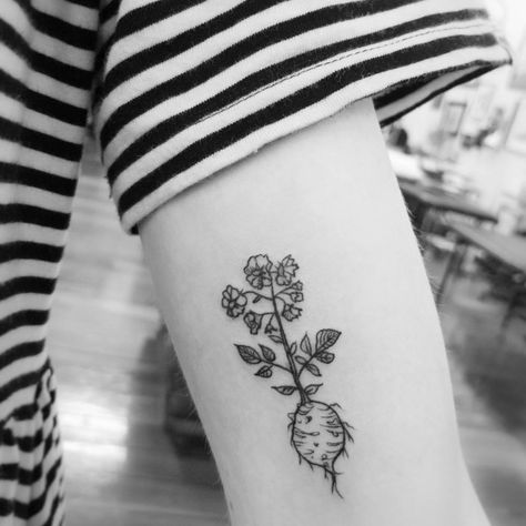 Inhaler Tattoo, Potato Tattoo, Potato Flower, Vegetable Tattoo, Potato Food, Roots Tattoo, State Tattoos, Lord Of The Rings Tattoo, Pumpkin Tattoo