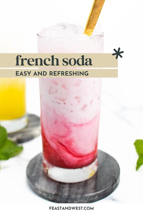 Also called the Italian Cream Soda, a French Soda is the ultimate refresher made with three ingredients — flavored syrup, soda and cream. French Drinks Nonalcoholic, French Soda Recipe, Dirty Soda Recipes Sprite, Italian Soda Flavors Combinations, French Soda, French Cooking Recipes, Italian Cream Soda, Soda Syrup, Syrup Recipes