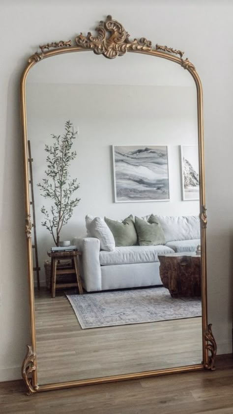 Big Vintage Mirror Living Rooms, Big Aesthetic Mirror, Big Gold Framed Mirror, Big Floor Mirror Living Room, Antique Gold Mirror Bedroom, Vintage Floor Mirror Bedroom, Big Gold Mirrors, Large Gold Mirror Entryway, Aesthetic Floor Mirror