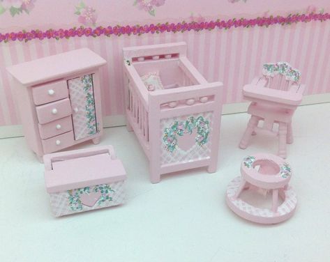 1:24 Dollhouse Miniature BABY NURSERY Pink Crib Bedroom Set | Etsy Pink Storage Boxes, Dollhouse Rooms, Horse Nursery, Pink Dollhouse, Taupe Eyeshadow, Crib Design, Dollhouse Design, Pink Crib, Dollhouse Nursery