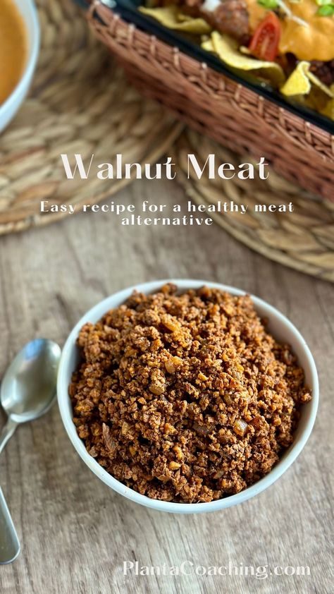 This walnut and mushroom meat is crumbly, rich in flavor, and a great substitute for traditional ground beef! It can be easily customized for different cuisines by altering the spices. It's also soy-free and gluten-free. Walnut Ground Beef Recipes, Mushroom Minced Meat, Vegan Beef Crumbles Recipe, Mushroom And Walnut Meat, Walnut Mushroom Meat, Walnut Mushroom Taco Meat, Walnut Ground Beef, Walnut Meat Recipes, Veganized Recipes