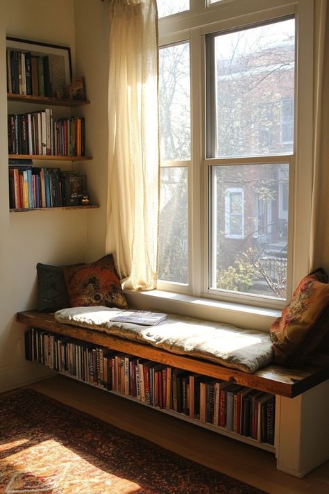 61 Minimalist Tiny House Window Seats: Streamlined Nooks with a View - TastyInteriors Bookshelf Below Window, Bench With Book Storage, Library Under Window, Bench Next To Window, Window Seat Furniture, Reading Bench With Bookshelves, Diy Book Bench Reading Nooks, Built In Shelves Next To Window, Couch Near Window