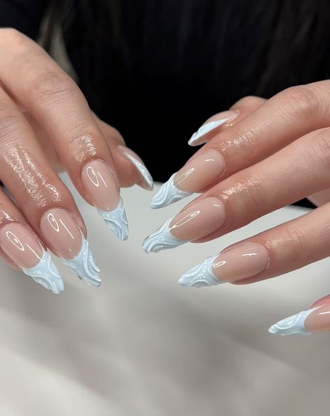 Almond 3d Nail Designs, 3d Chrome French Nails, 3d Squiggle Nails, Nails For Miami, Tip Almond Nails, French Tip Almond Nails, French Tip Almond, Acrylic Nails Almond Shape, Maquillage On Fleek