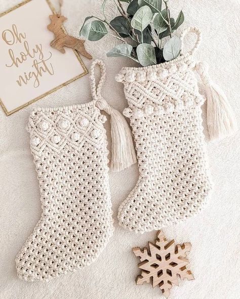 Christmas Boots | Macramé Fiber Art Macrame Stocking Diy, Macrame Christmas Stocking, Macrame Decor Ideas, Christmas Boots, Santa Boots, Winter Slippers, Macrame Decor, Diy Christmas Gifts, Diy Christmas