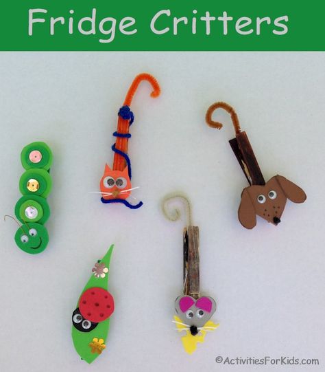 Cute little critters to attach to your refrigerator.  Cat, mouse, dog, lady bug and caterpillar refrigerator magnets  From Activities For Kids.com. Clothespin Crafts For Kids, Dogs Crafts, Clothespins Crafts, Clothespin Magnets, Clothespin Art, Clothespin Crafts, Orange Craft, Pin Crafts, Inexpensive Crafts