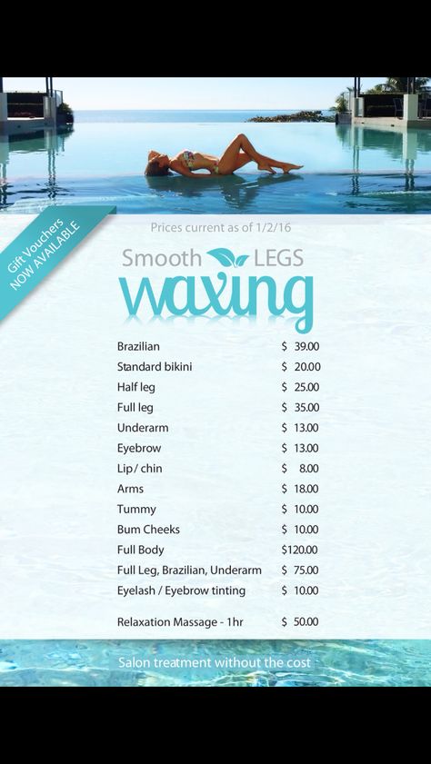 Price list of local GOLD COAST waxing salon. Book now at www.smoothlegswaxing.com.au Waxing Prices List, Wax Service Prices, Waxing Menu Ideas, Wax Price List, Waxing Price List, Esthetics Notes, Wax Esthetician, Esthetician Goals, Waxing Business