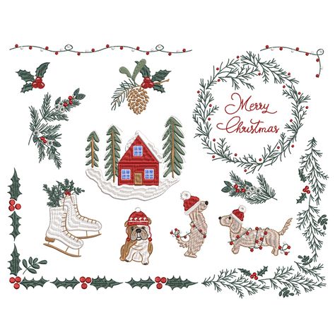 Christmas Floral Embroidery, Christmas Machine Embroidery, Flower Machine Embroidery Designs, Paint Water, Christmas Embroidery Patterns, Christmas Elements, Christmas Gift List, Christmas Train, Machine Embroidery Patterns